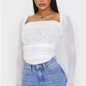 New Pretty Little Thing white sheer mesh ruched sleeve going out Bodysuit Top